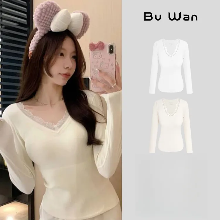 秋冬蕾丝花边V领休闲百搭T恤带胸垫保暖修身显瘦气质内搭上衣3124