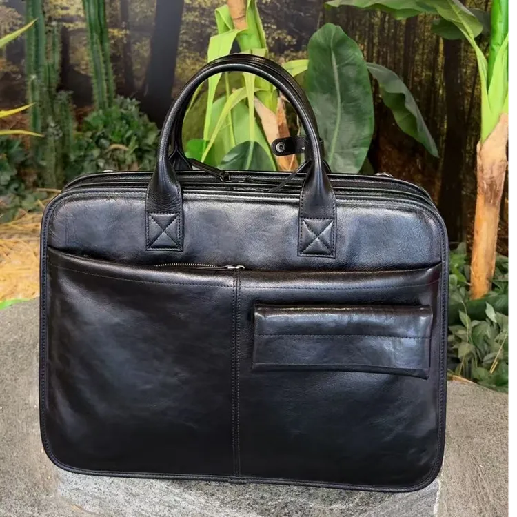 头层牛皮双拉链大容量公文包可套拉杆箱手提包电脑包长42高31厚11