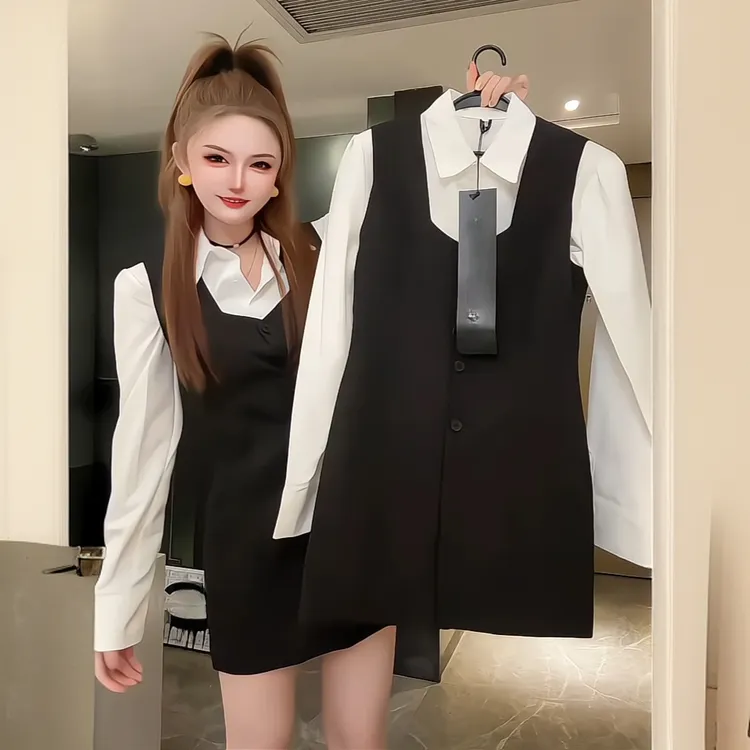 2025春季新款气质辣妹收腰修身单排扣背带连衣裙百搭翻领衬衫套装