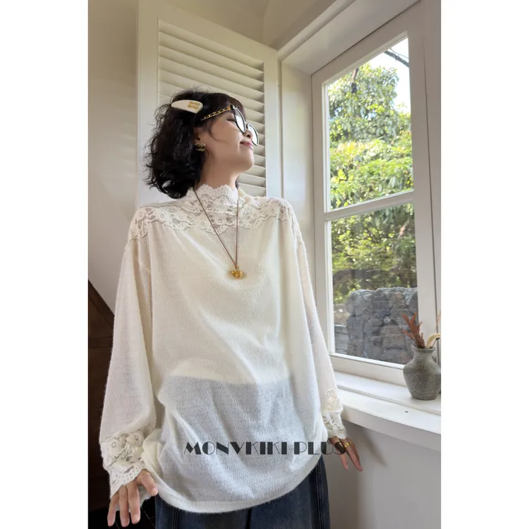 MoNvKiKiPlus2「天后」抓毛针织大码微胖高领蕾丝打底衫上衣#1868