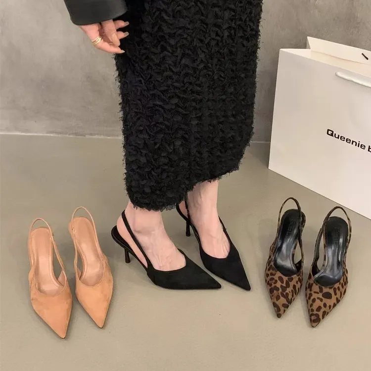 新款法式尖头豹纹包头高跟凉鞋绒面春夏新品性感仙女名媛风单鞋