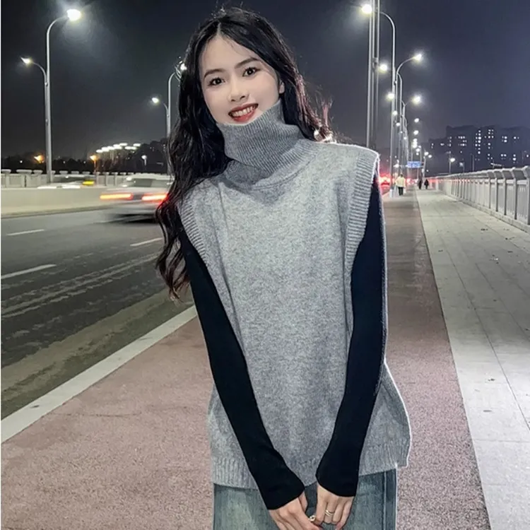 春秋加厚高领纯毛毛衣马甲女无袖针织宽松时尚坎肩外穿马夹背新潮