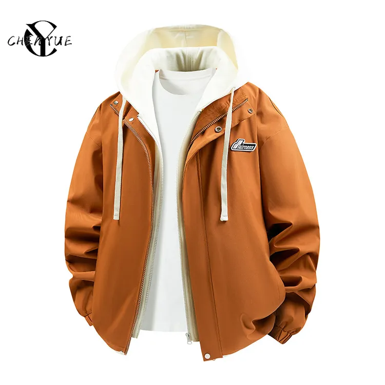 秋冬男女同款假两件连帽保暖撞色夹克修身时尚男女同款假两件夹克