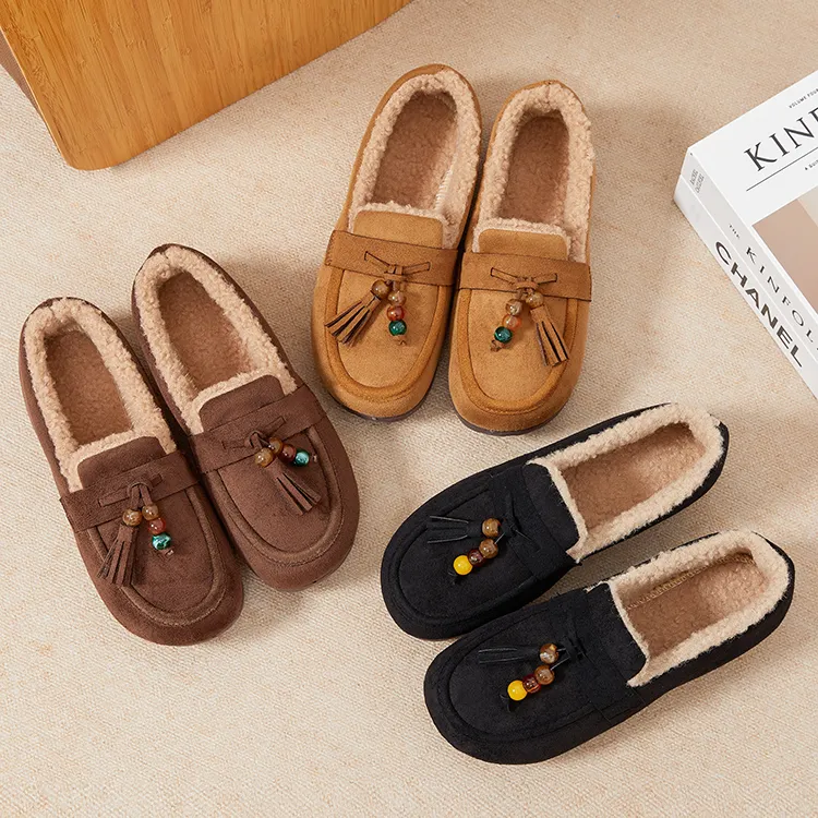 【外贸原单】2025冬季新款流苏珠时尚防滑软底加绒加厚豆豆鞋