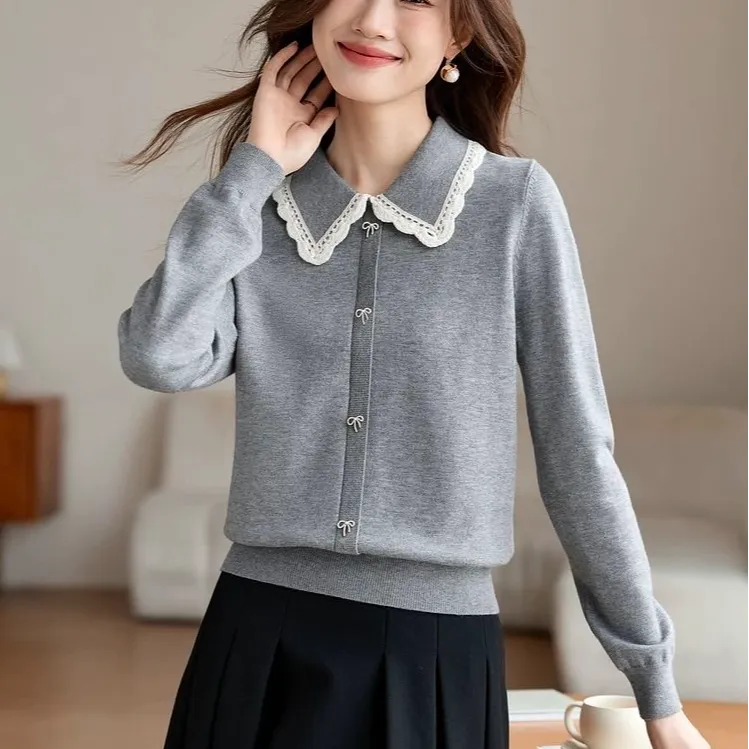 2025年秋冬新款花边翻领设计感高级针织衫宽松上衣A21