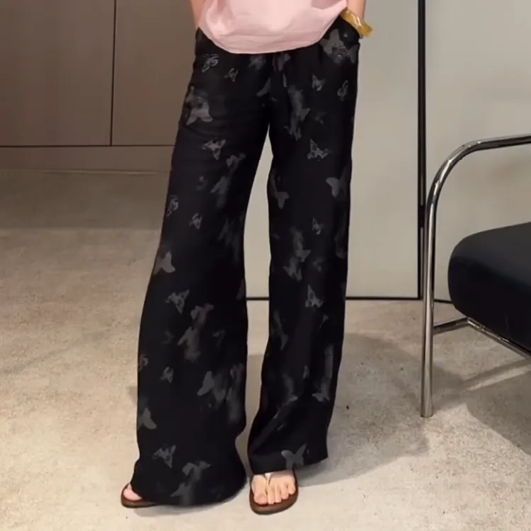 2025夏季新品蝴蝶休闲裤复古印花显瘦百搭直筒长裤LK2504769