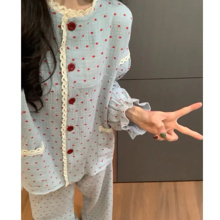 韩版复古设计感波点印花棉纱睡衣女春秋款2025新款纯棉家居服套装