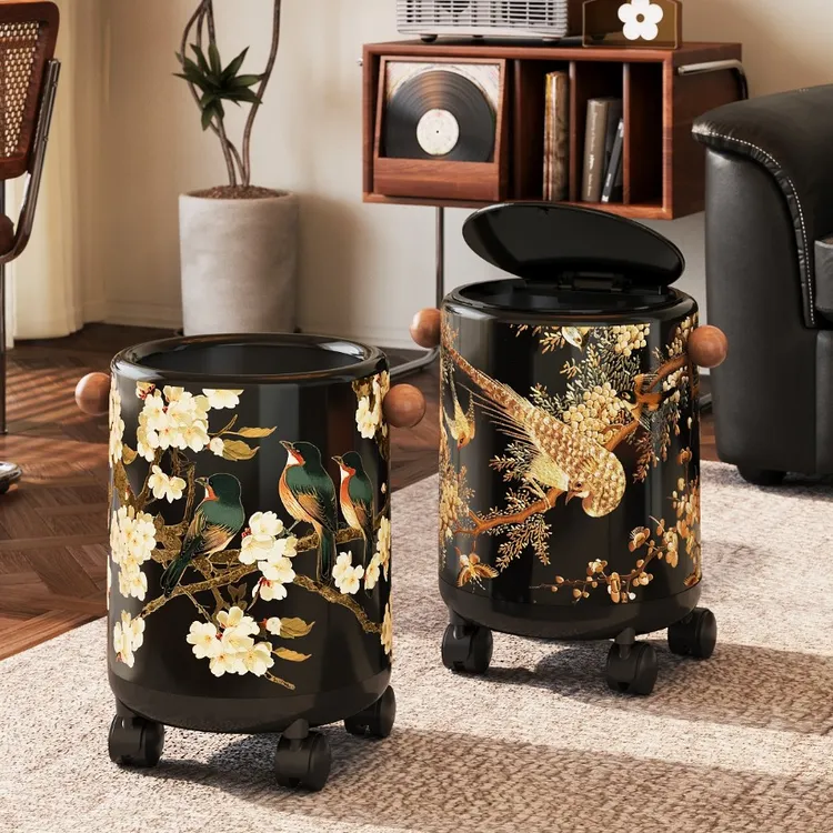 美世达客厅垃圾桶中古风带盖防异味高颜值大号家用垃圾桶2025新款