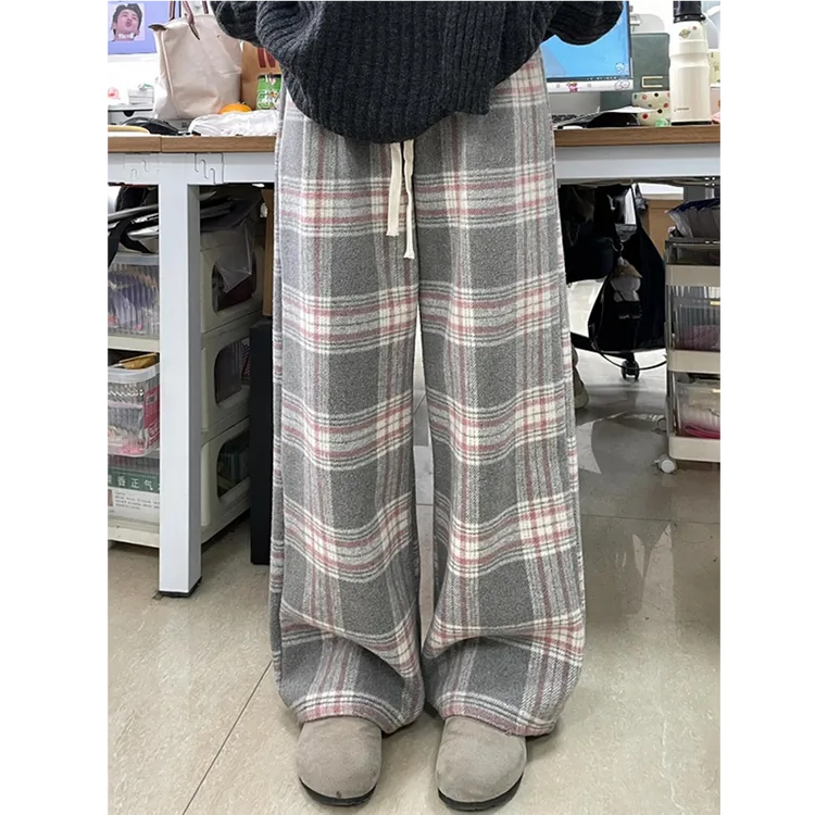 复古灰粉格子撞色阔腿裤子女秋装大码胖mm梨形身材显瘦直筒休闲裤