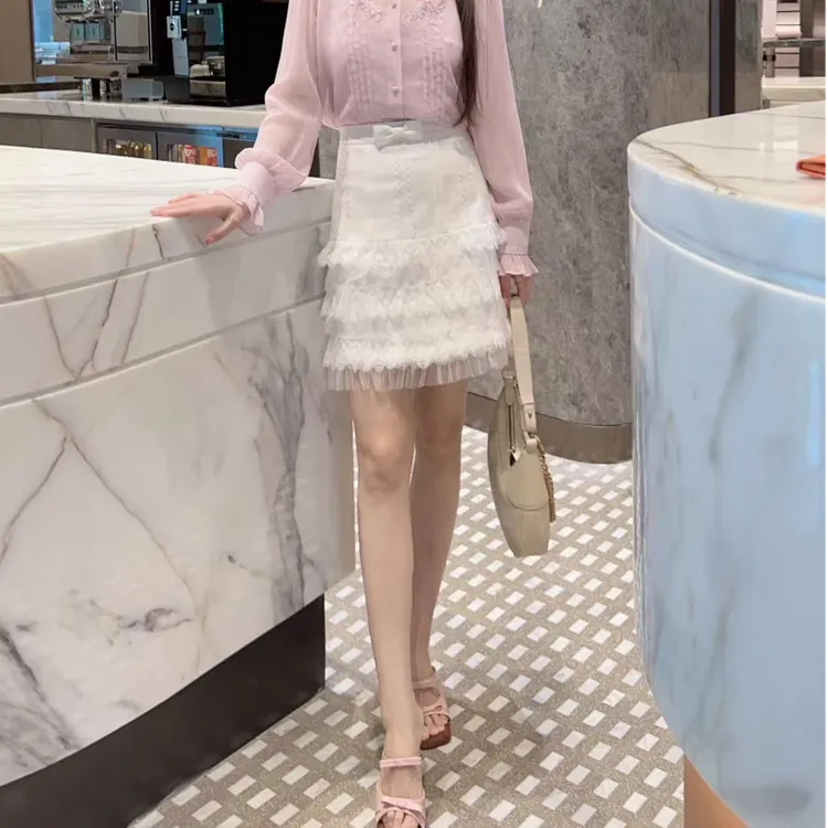 YDNalways轻奢品牌2025秋冬法式重工拼接蕾丝网纱百搭半裙