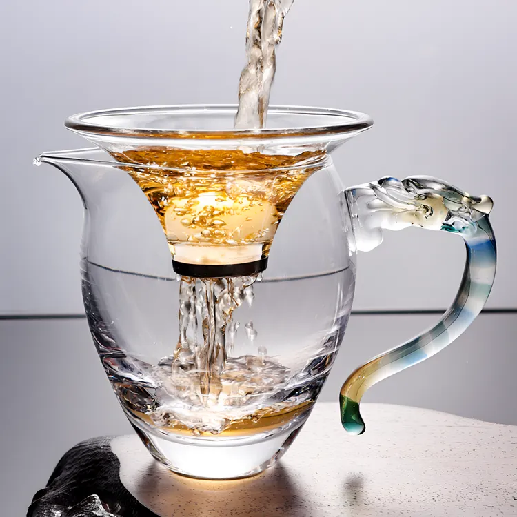 高档草堂新款厚底斗彩把公道杯高硼硅耐热玻璃杯防爆泡茶公杯茶海