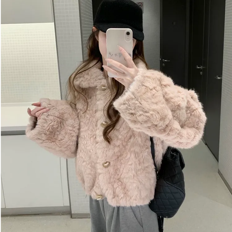 「蔷薇奶沫」韩系甜美淡淡桃粉翻领外套冬季新款加厚保暖