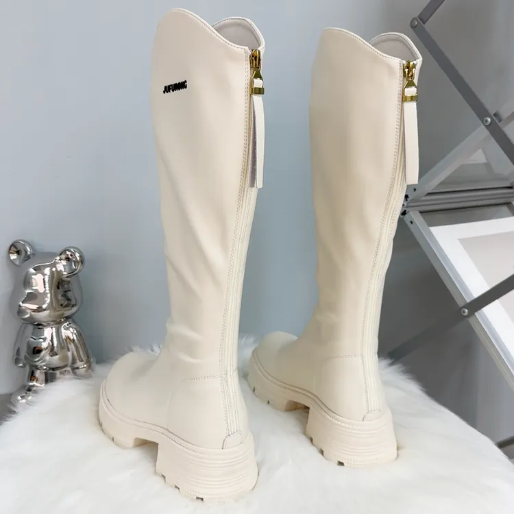 英伦风时装靴女时尚加绒百搭白色长靴子后拉链字母弹力大码加肥靴