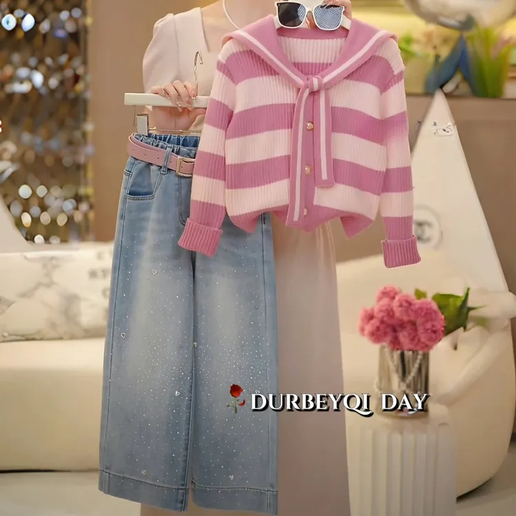 女童海军领条纹针织衫烫钻牛仔裤套装春秋2025新款洋气学院风开衫