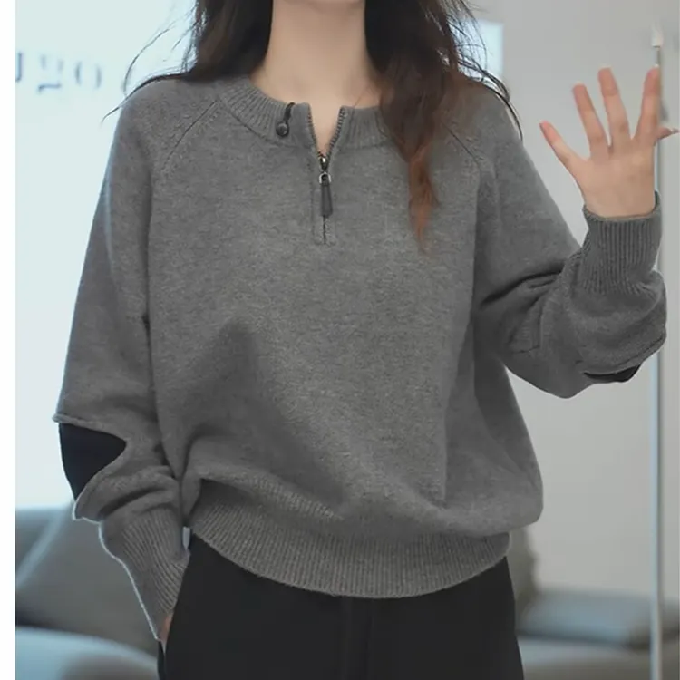 纯色简约半拉链毛衣女灰色宽松显瘦高级感拼接袖口百搭针织衫上衣