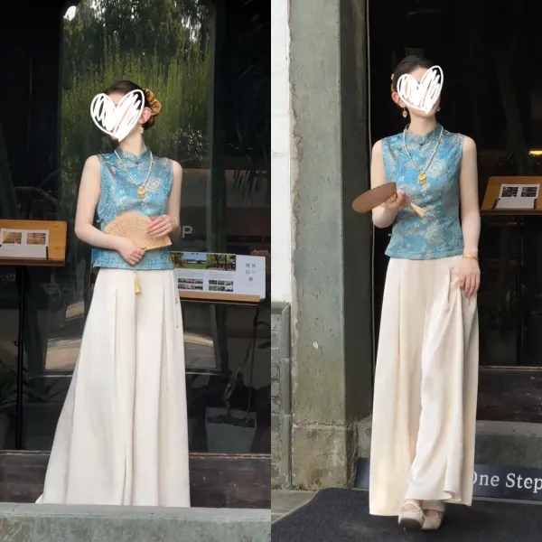 2025新中式国风气质海蓝色百花纹斜襟马甲女垂感直筒阔腿裤两件套