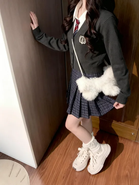 韩系制服套装女秋冬女学妹英伦学院风手工刺绣粉开衫徽章毛针织衫