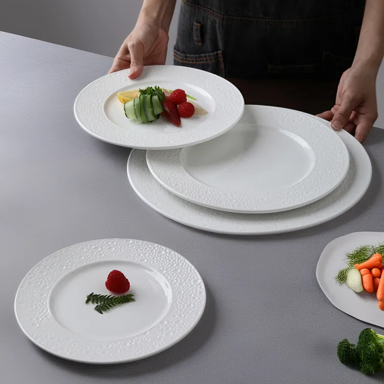 珍珠浮雕纯白陶瓷平盘西餐牛排盘盘子点心蛋糕盘家用甜品盘酒店盘