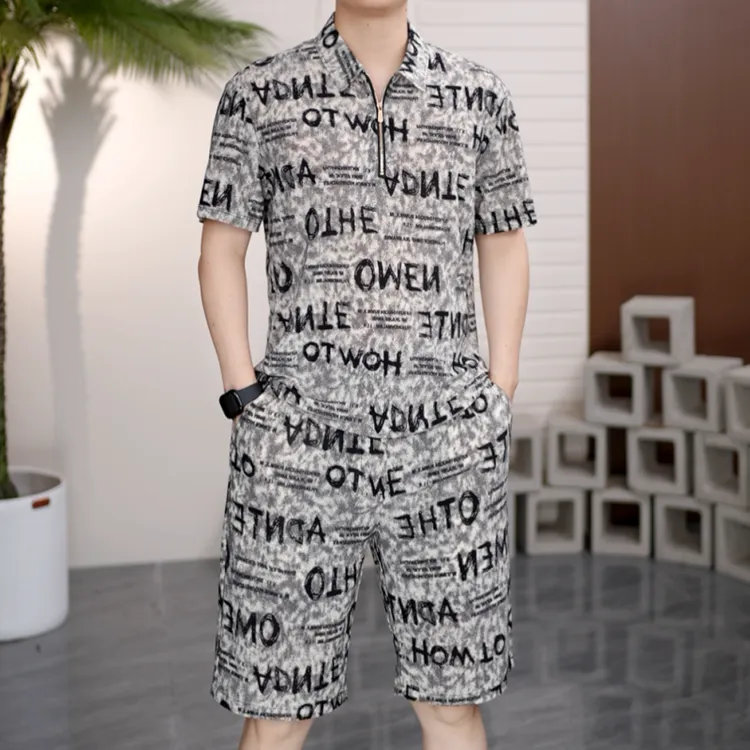 2025夏季男士欧货半袖翻领拉链字母牛奶丝轻奢短袖T恤短裤TZ85201