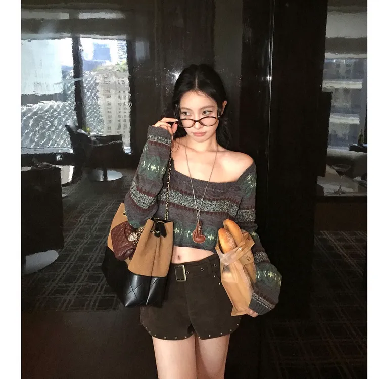 美式复古撞色方领短款毛衣女2025早秋新款设计感针织衫长袖上衣
