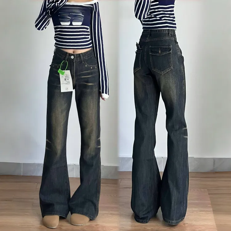 复古美式微喇牛仔裤女春秋新款设计感休闲显瘦百搭高街辣妹拖地裤