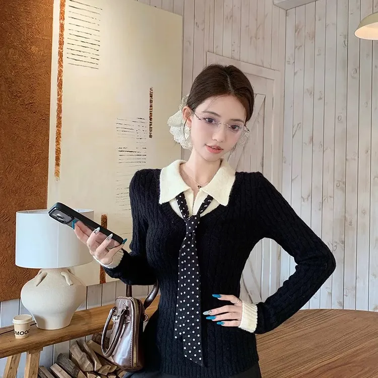 【全额运补】麻花毛衣女秋冬拼接假两件内搭复古长袖打底外穿针织设计感上衣