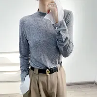 设计感拼接袖扣简约纯色基础款打底衫--SWS4256