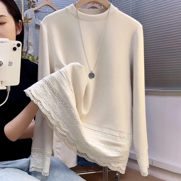 万能搭蕾丝拼接双面德绒上衣女2025秋冬新款时尚显瘦百搭打底衫潮