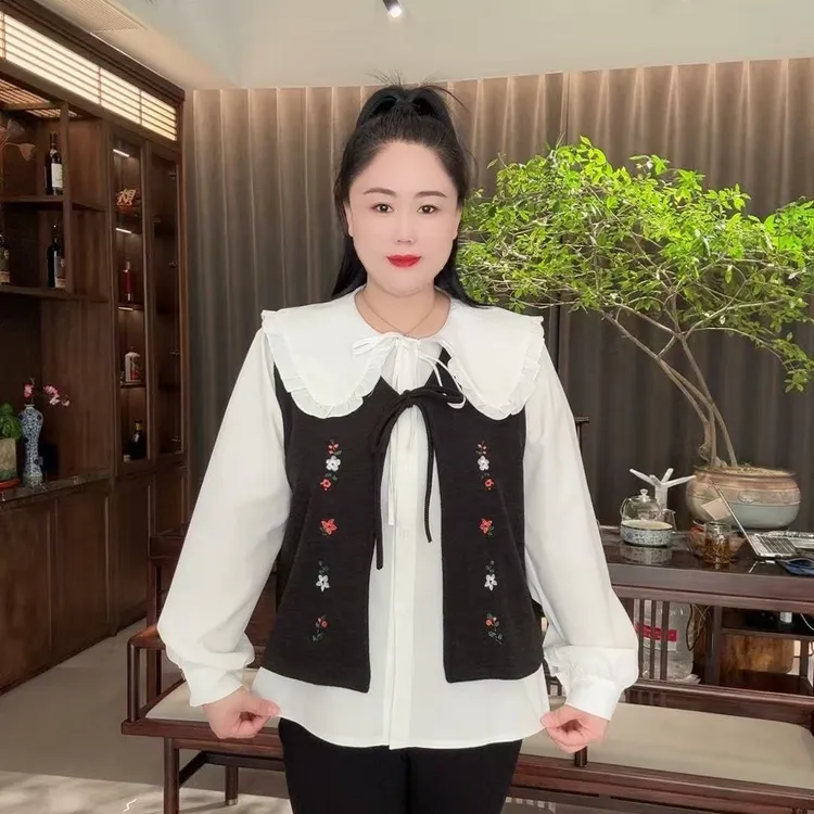 冬季新款时尚洋气娃娃领衬衫+针织马甲显瘦两件套