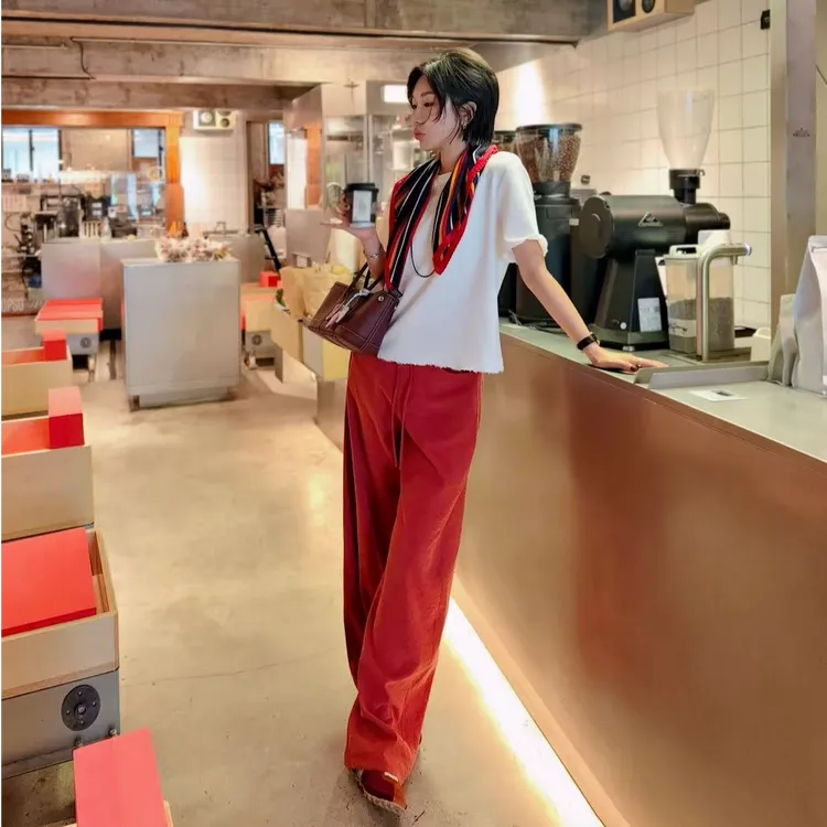 PENNYPENG赤红宣言新款恋夏风红色高饱和阔腿洋气宽松休闲裤子