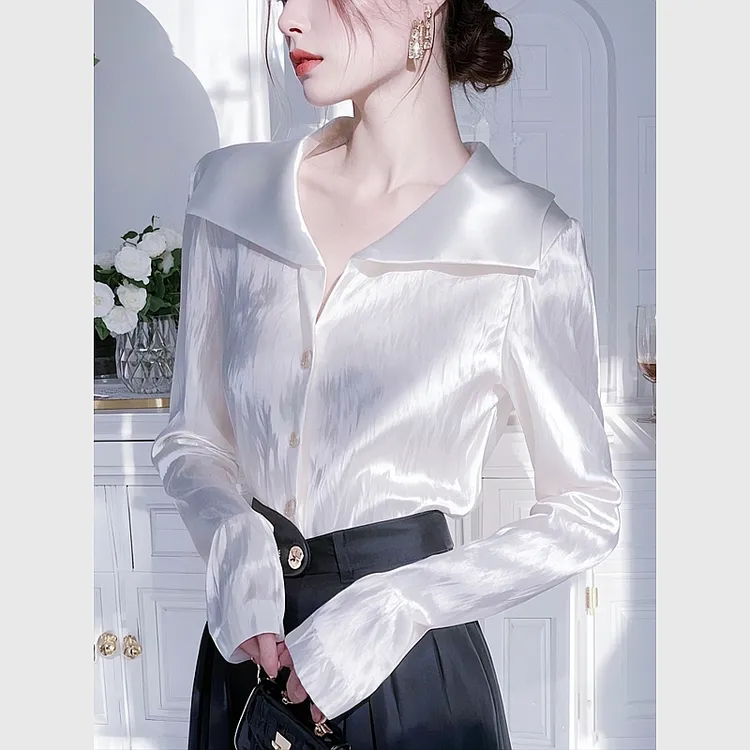 洋气高端白色长袖缎面衬衫女款2025早春新款独特别致法式职业衬衣