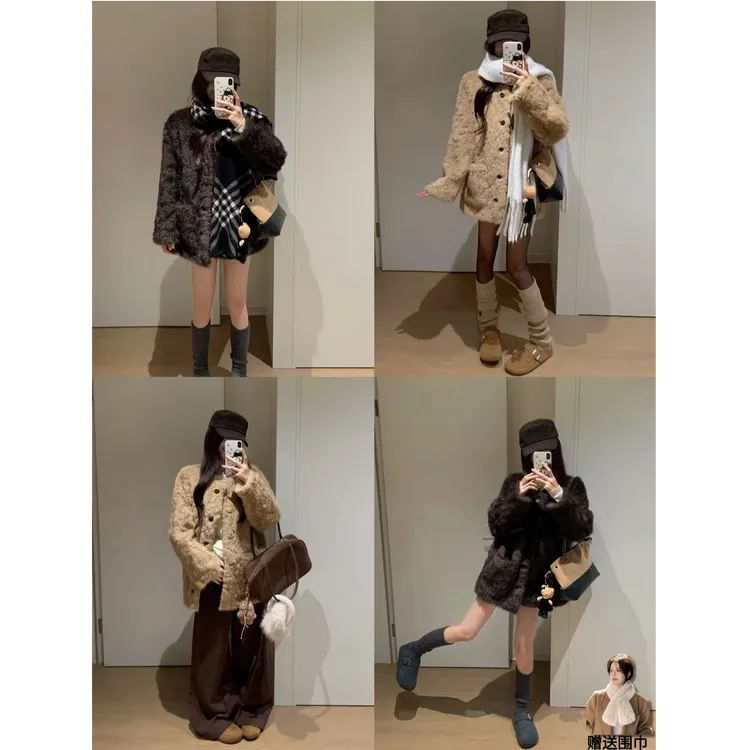 2025款中长款小湖羊皮毛一体羊羔毛人造环保皮草外套女冬加厚百搭