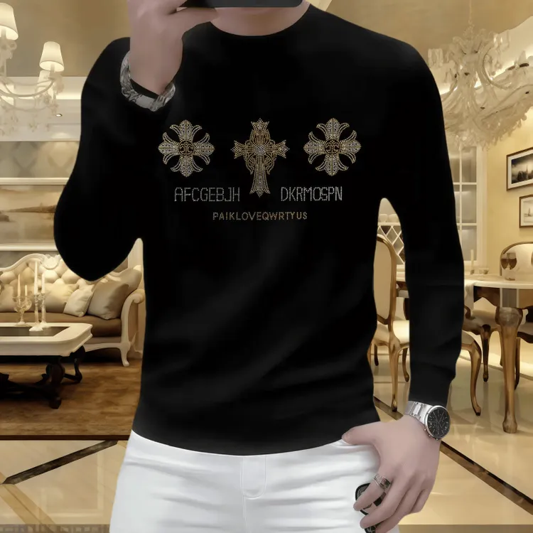 男士长袖时尚休闲潮流修身型圆领百搭秋冬季套头新款烫钻卫衣外套