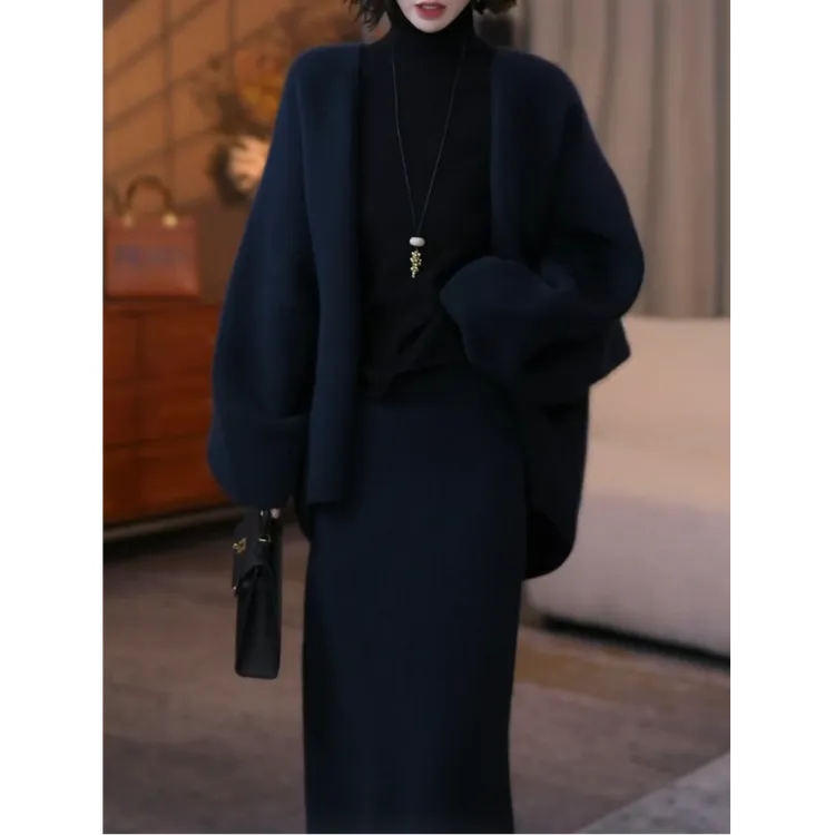 高级感时尚针织裙套装女2025秋冬新款加厚宽松显瘦洋气毛衣两件套