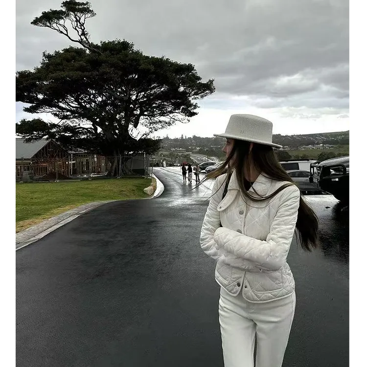 老钱菱格掐腰棉服显瘦修身夹棉外套保暖棉衣女