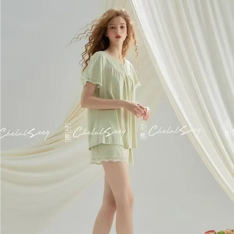 尘熙正品女士短袖短裤睡衣套装春夏季家居服棉莫法式宫廷风套蕾丝