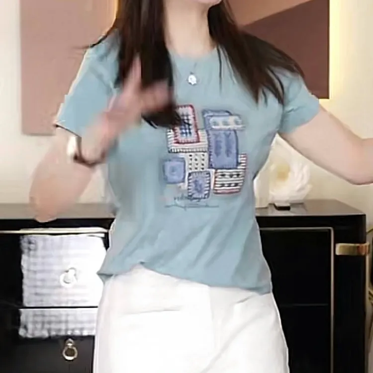 设计感重工时尚圆领通勤T恤短袖女2025夏季新款休闲百搭显瘦上衣