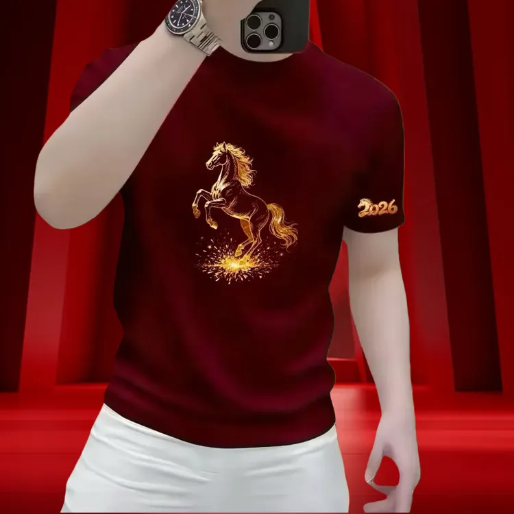马年爆款新款骏马印花短袖T恤男士百搭高级感T恤上衣