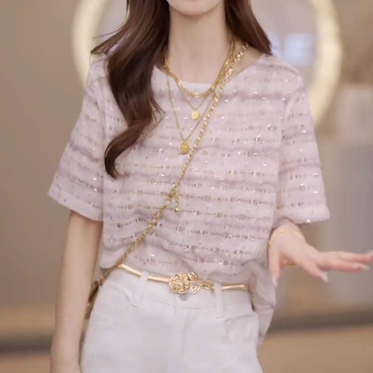 2025新品时尚简约紫色显瘦条纹T恤ins洋气百搭上衣女LK2503112