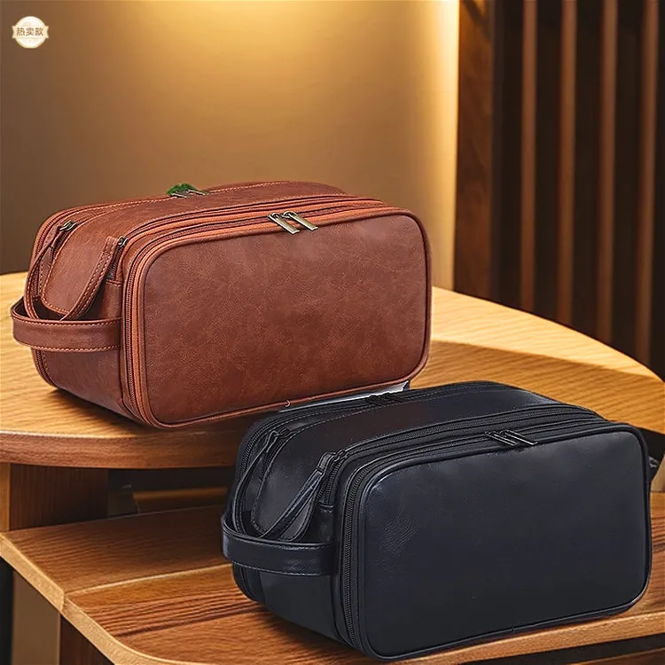 2025新款洗漱包复古三层双拉链男士化妆品包防水大容量游泳洗澡包