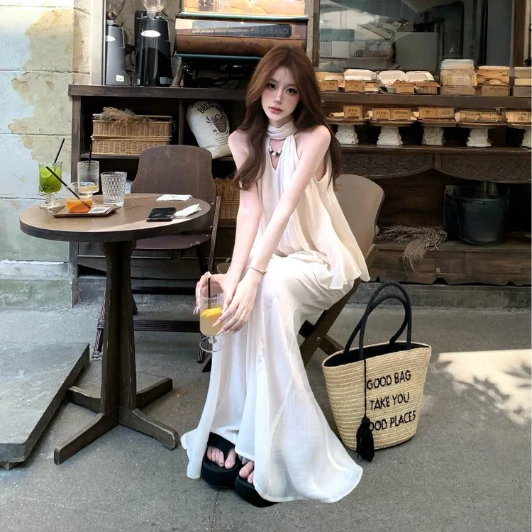 【清迈午后】2025夏季禅意挂脖上衣宽松裙裤两件套慵懒松弛感套装女