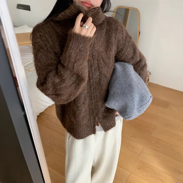 法式美拉德风高领拉链毛衣开衫2025秋冬新款宽松软糯麻花针织外套