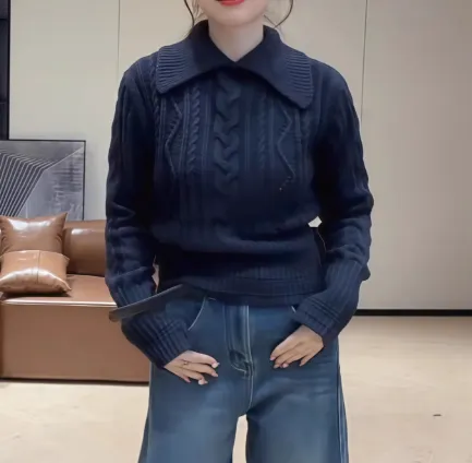 新款翻领麻花蓝色收腰显瘦百搭秋冬显瘦上衣短款毛衣针织女C6222