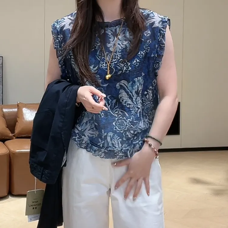 设计感小众复古碎花木耳边无袖上衣2025新款夏季时尚法式宽松小衫