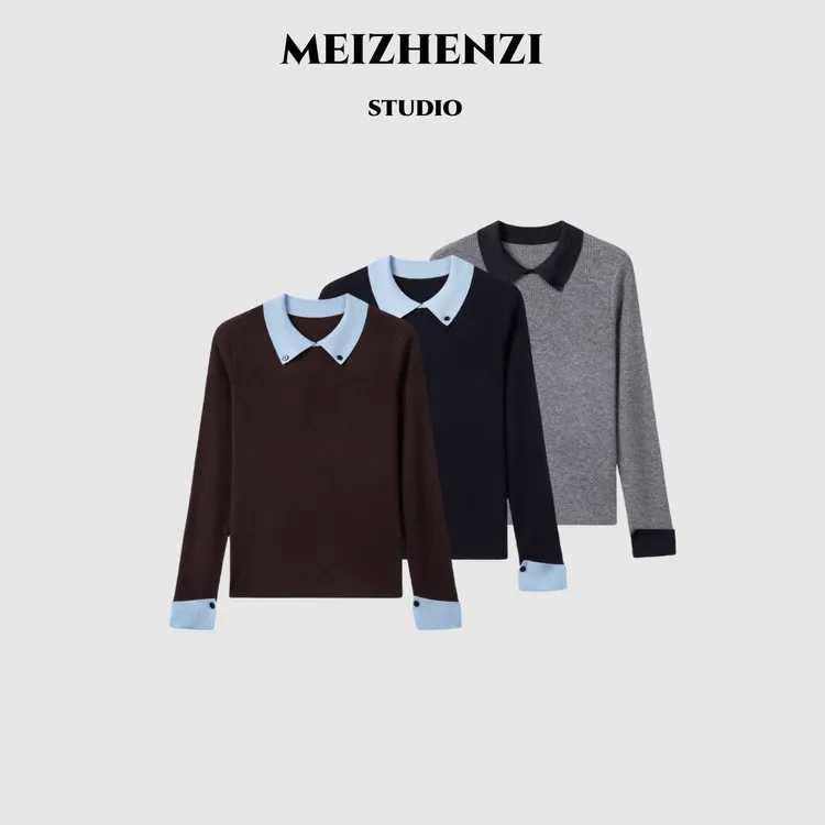 MEIZHENZI【精致个性】32.8%超细绵羊毛|撞色翻领针织衫女打底毛衣