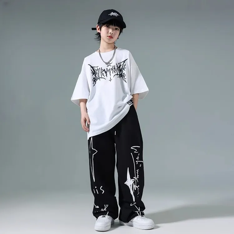 儿童2025街舞潮服套装男女童夏季印花短袖裤子hiphop街舞演出服潮