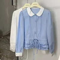 贝姐同款【857】春季新款~娃娃领抽绳收腰木耳边甜美衬衣YR