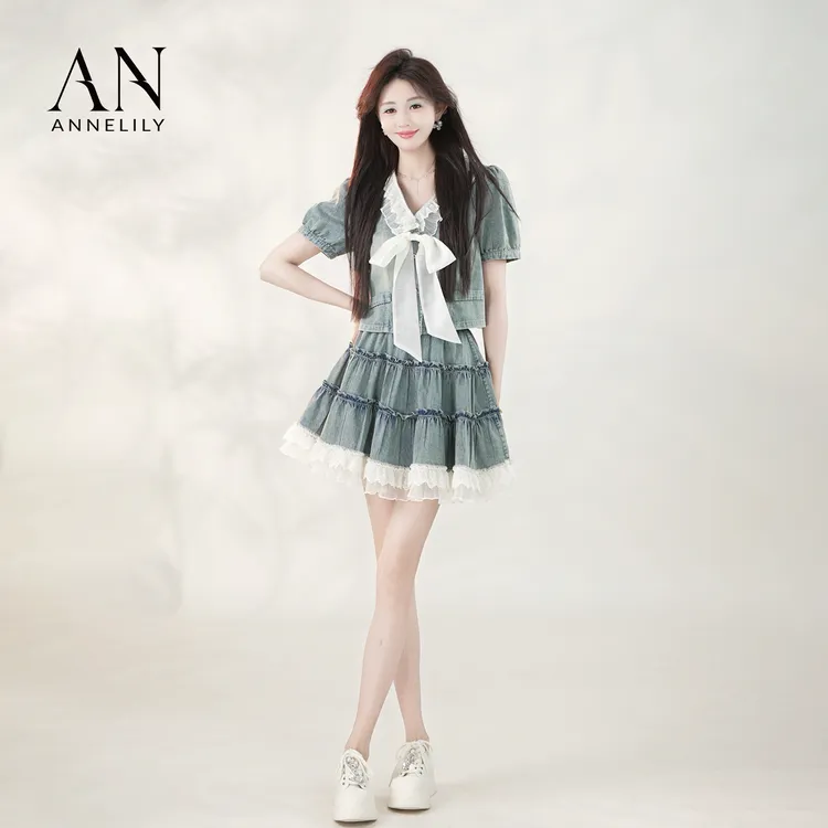 ANNELILY安琪琪【梦倩】新款显瘦轻奢百搭牛仔短裙套装AT2505084