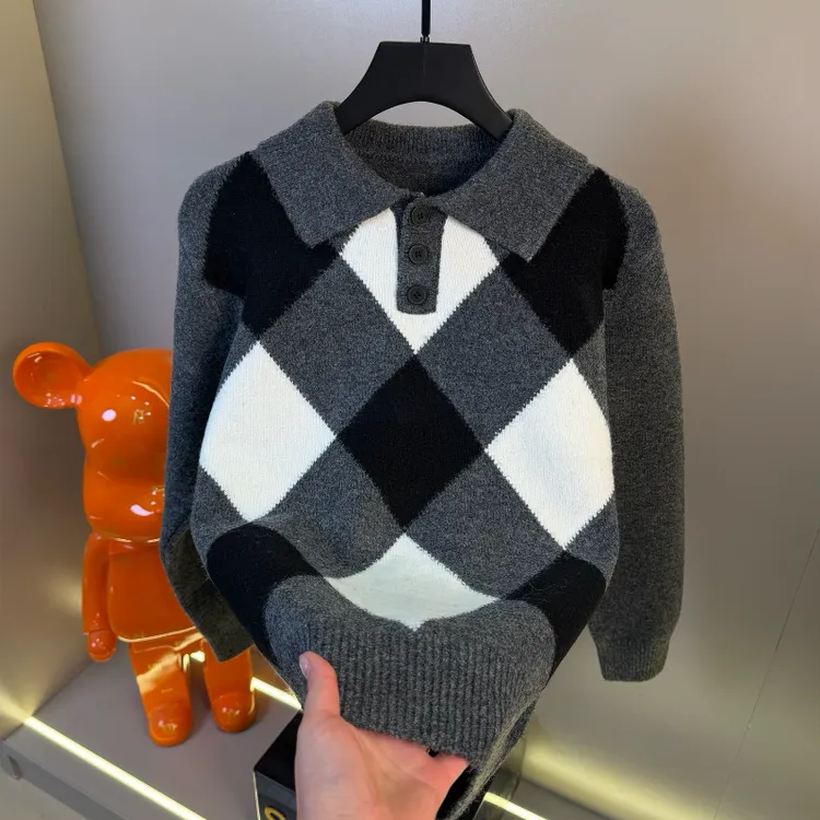 高档新款翻领撞色毛衣男士秋冬季时尚洋气针织衫潮流男装打底上衣