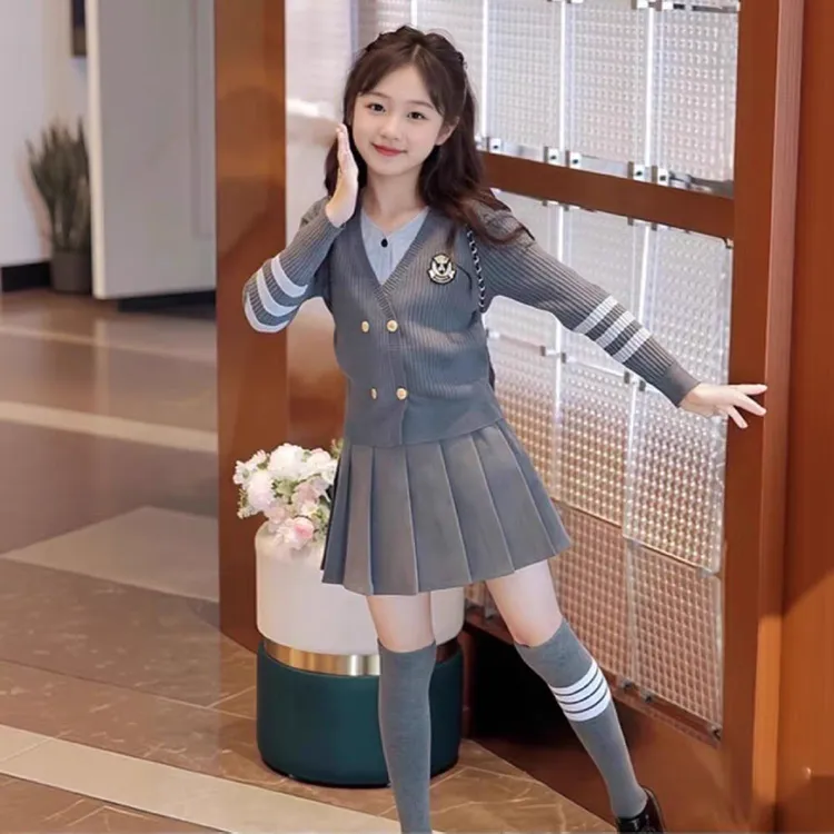 女童套装春秋款2025新款儿童学院风jk女孩秋季假两件针织开衫外套